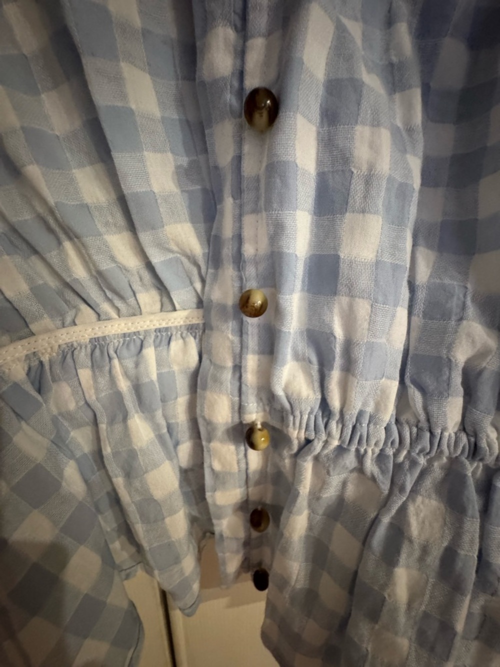 Anthropologie Light Blue and White Gingham Button-Front Tie-Waist Blouse - Picture 7 of 9